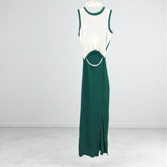 Ribbed Knit Dress Cut Out Sleeveless Sexy Bodycon Cocktail Party Green White XS - Picture 1 of 13